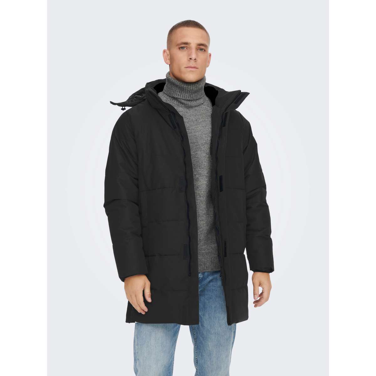 ONLY & SONS MEN΄S REGULAR FIT POLYESTER DETACHABLE HOOD RIBBED CUFFS COAT 22020156 BLACK