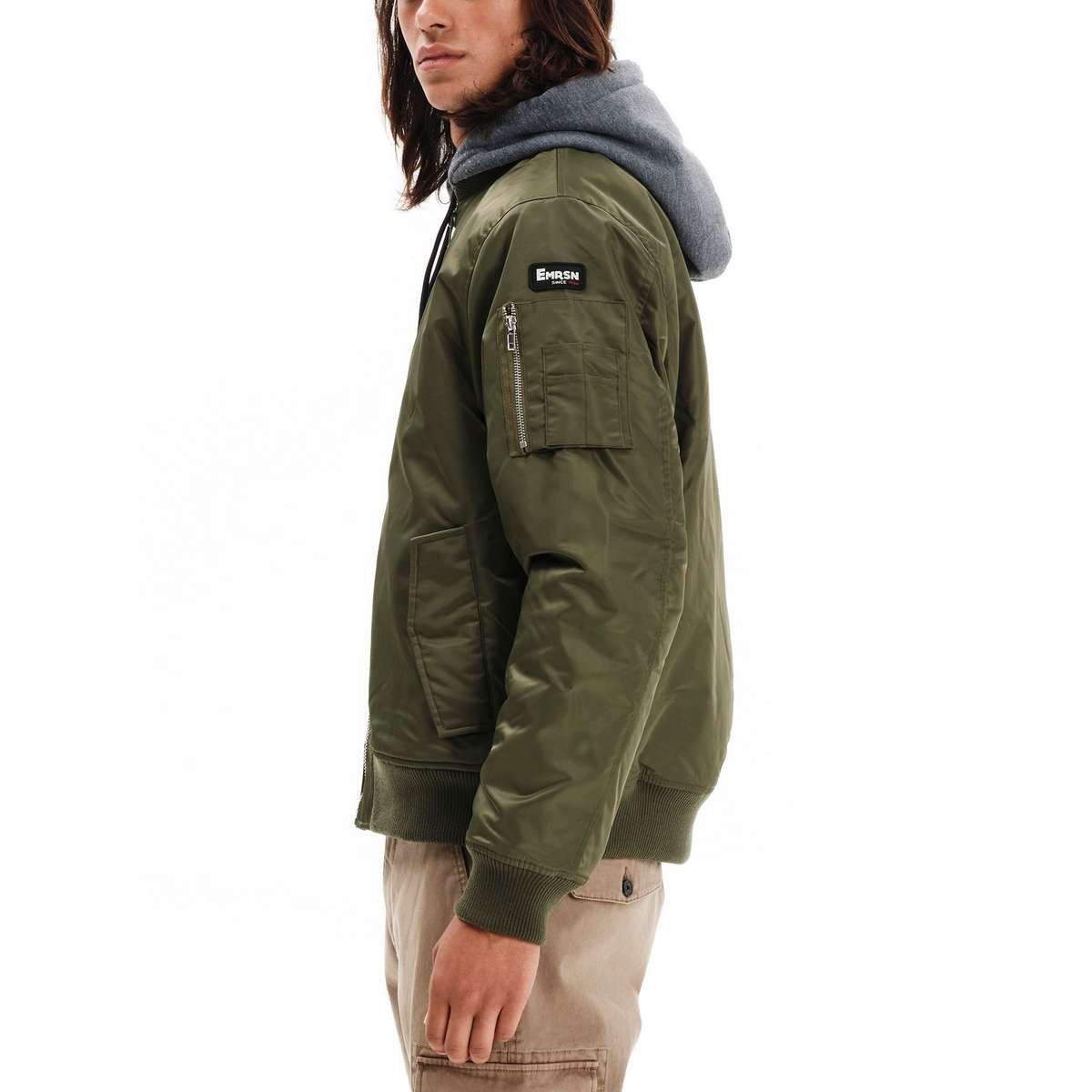 EMERSON MEN’S REGULAR FIT NYLON FLIGHT JACKET WITH DETACHABLE HOOD 252.EM10.59 OLIVE
