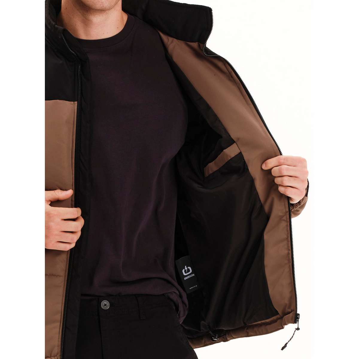 EMERSON MEN’S REGULAR FIT POLYESTER PUFFER JACKET WITH ROLL-IN HOOD 252.EM10.79 L.BROWN/BLACK