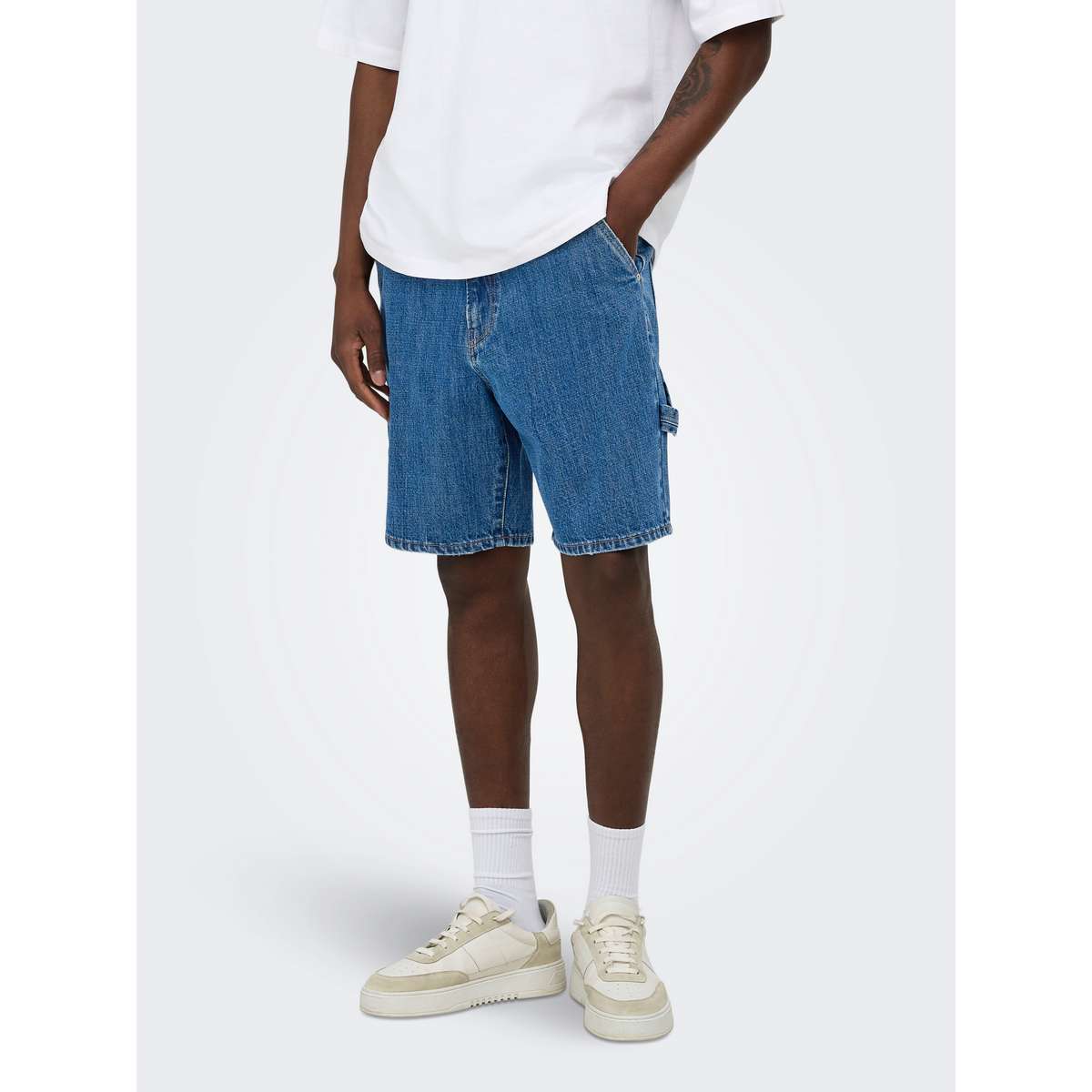 ONLY & SONS MENS LOOSE FIT COTTON FADE CARP. MB DOT DENIM SHORTS WW BLUE