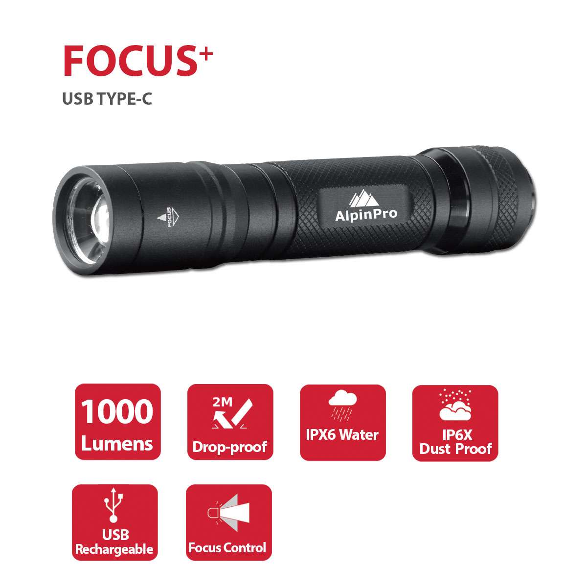 AlpinPro Επαναφορτιζόμενος Φακός LED IPX6 με Μέγιστη Φωτεινότητα 1000lm TM-04R-C