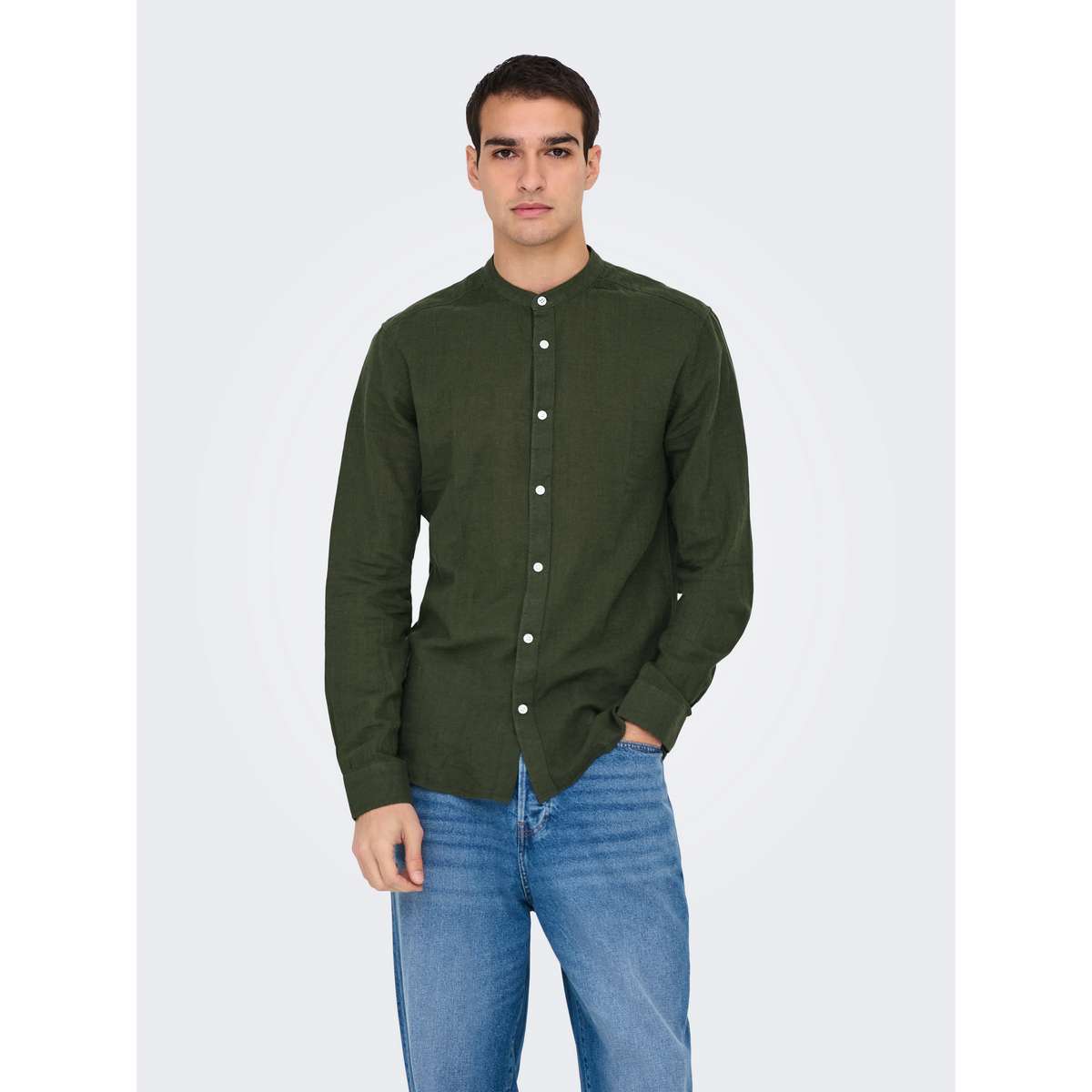 ONLY & SONS MEN’S SLIM FIT LS SOLID LINEN MAO SHIRT 22019173 kambaba green