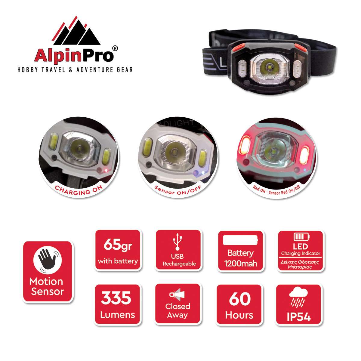 Alpin Επαναφορτιζόμενος Φακός Κεφαλής LED IPX4 Μέγιστη Φωτεινότητα 335lm