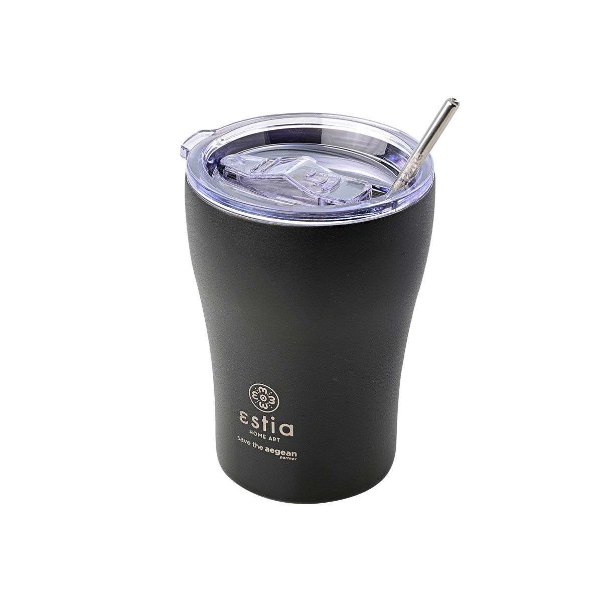 Estia Coffee Mug Save The Aegean Θερμός Ανοξείδωτο BPA Free 350ml Midnight Black με Καλαμάκι