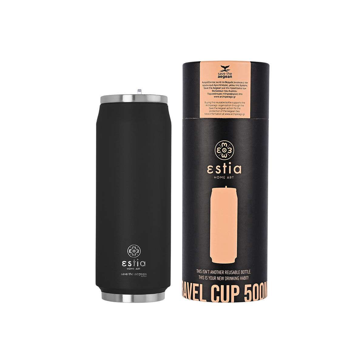 Estia Travel Cup Save the Aegean Θερμός Ανοξείδωτο Πλαστικό BPA Free 500ml Midnight Black