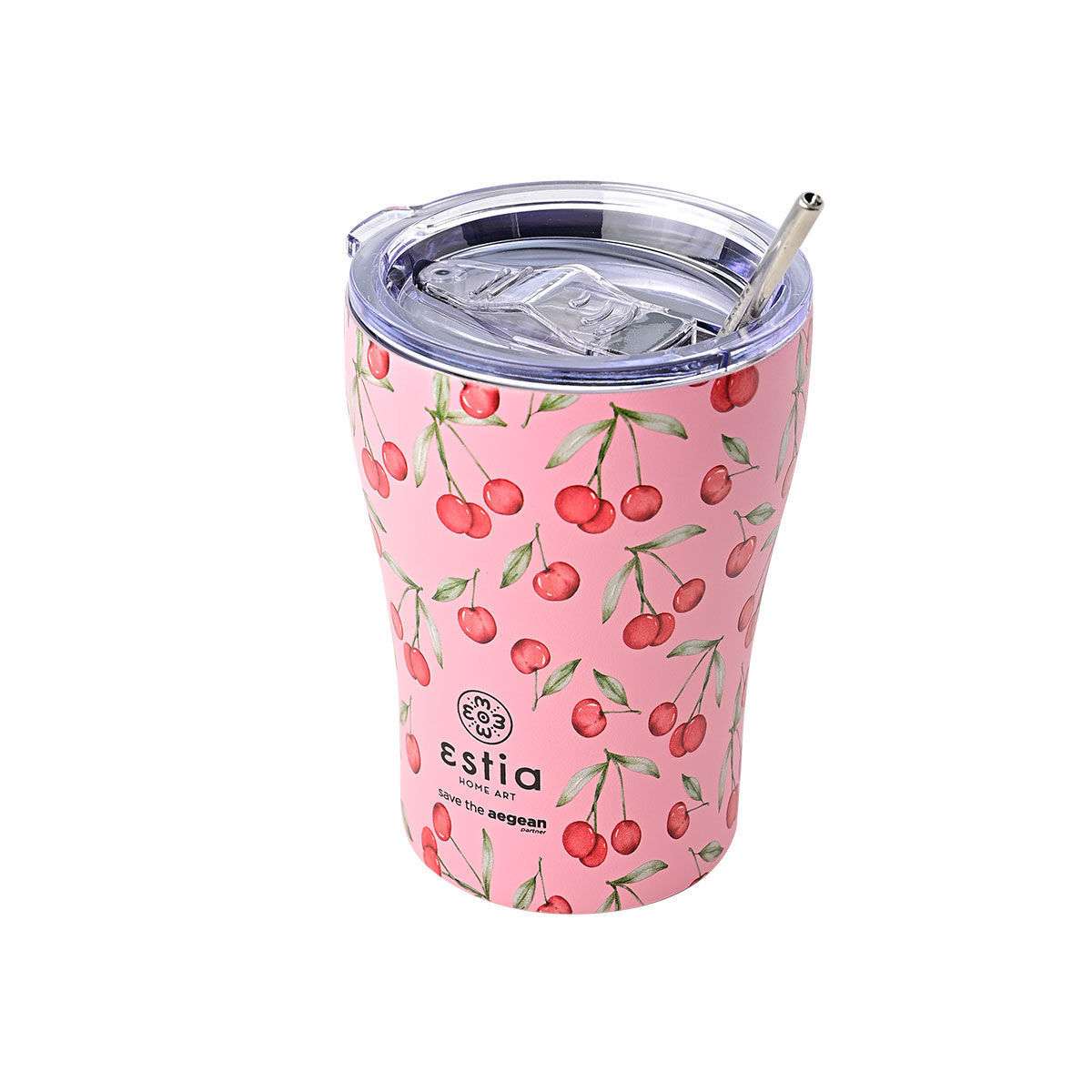 Estia Coffee Mug Save The Aegean Θερμός Ανοξείδωτο BPA Free 350ml Cherry Rose με Καλαμάκι