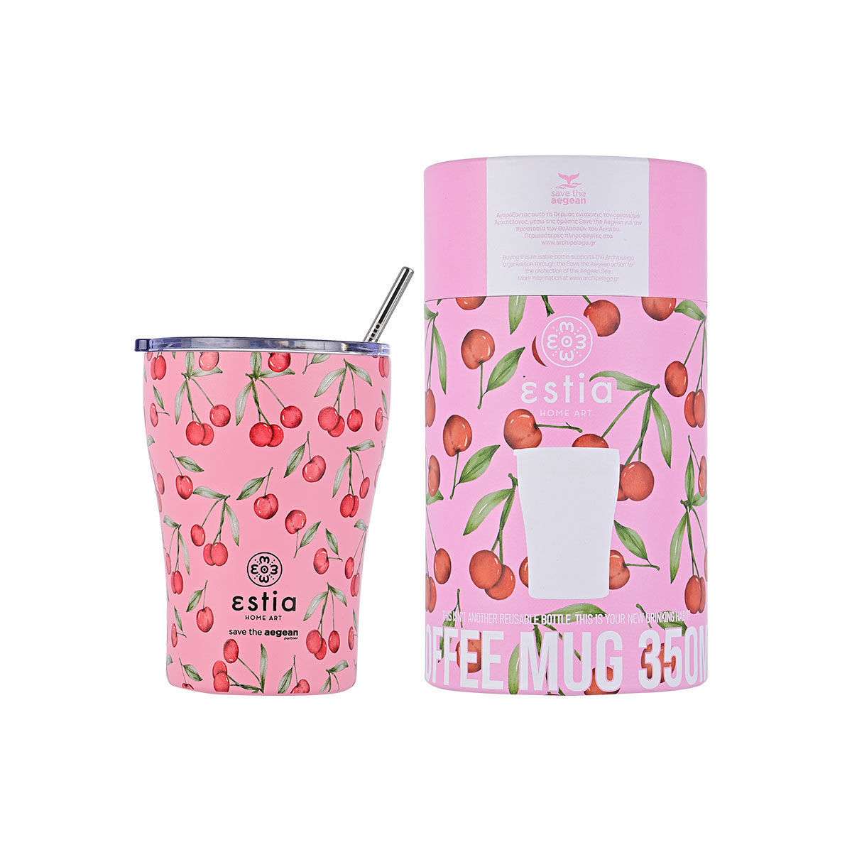 Estia Coffee Mug Save The Aegean Θερμός Ανοξείδωτο BPA Free 350ml Cherry Rose με Καλαμάκι