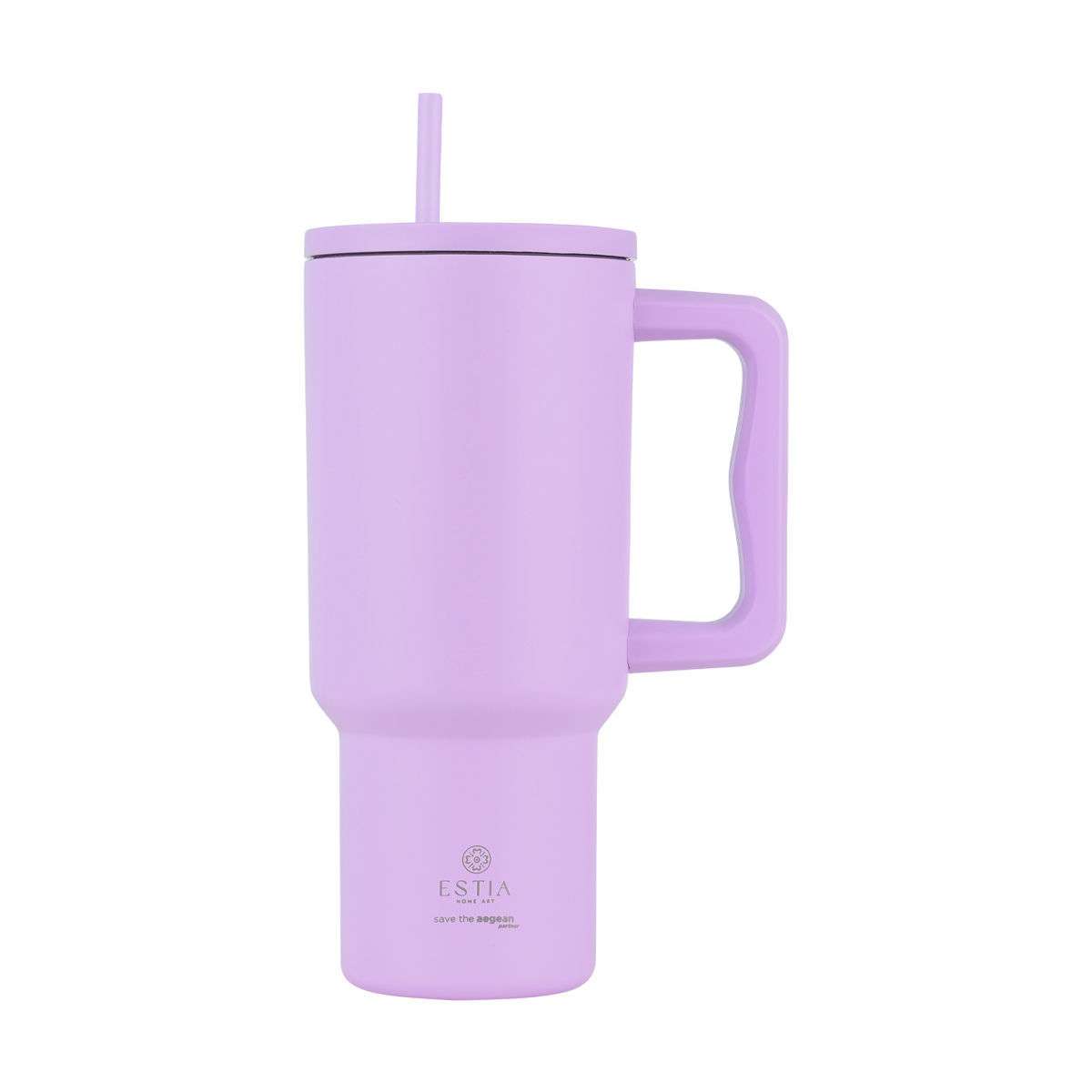 Estia Straw Tumbler XL Save the Aegean Handled Tumbler Θερμός Ανοξείδωτο BPA Free 900ml Lavender Purple