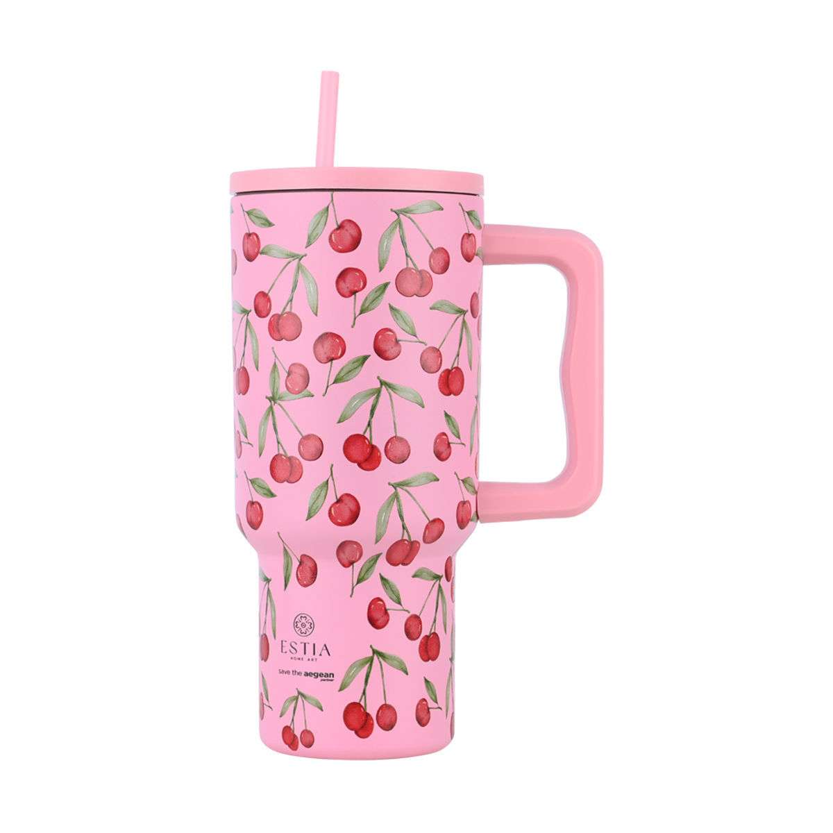 Estia Straw Tumbler XL Handled Tumbler Θερμός Ανοξείδωτο BPA Free 900ml Cherry Rose