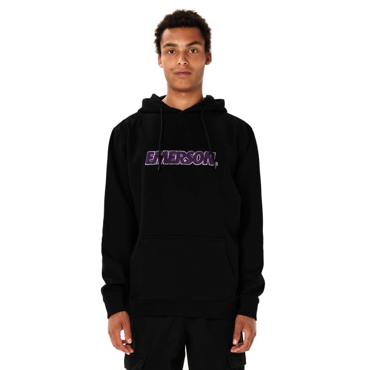 EMERSON LOGO MEN’S REGULAR FIT COTTON PULLOVER HOODIE BLACK