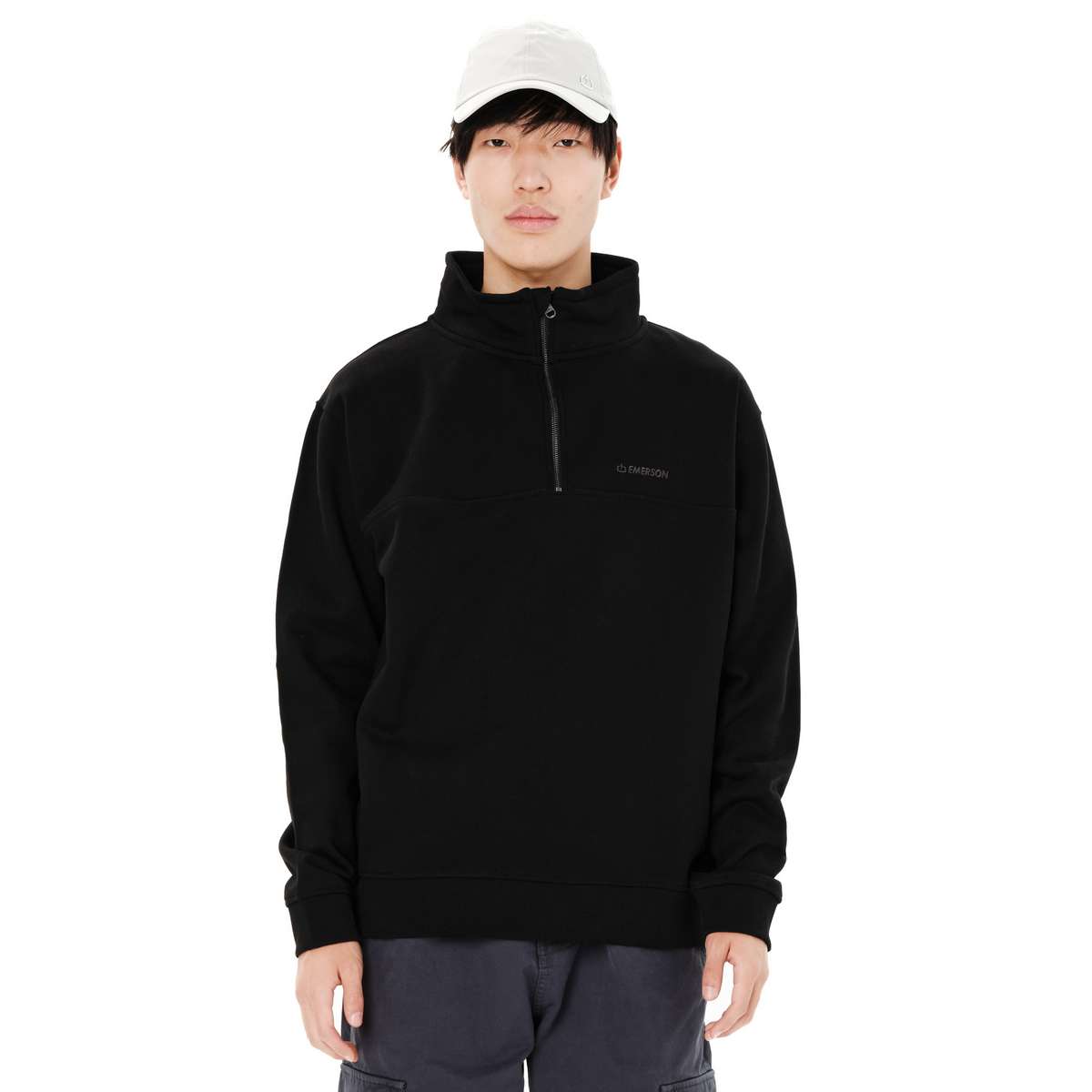 EMERSON MEN’S REGULAR FIT COTTON LOGO HALF-ZIP HOODIE BLACK