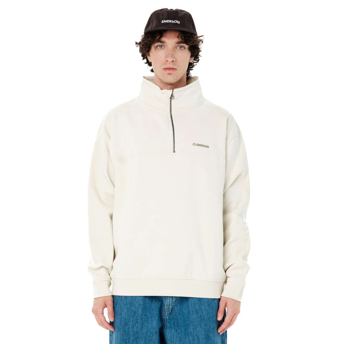 EMERSON MEN’S REGULAR FIT COTTON LOGO HALF-ZIP HOODIE CLAY WHITE