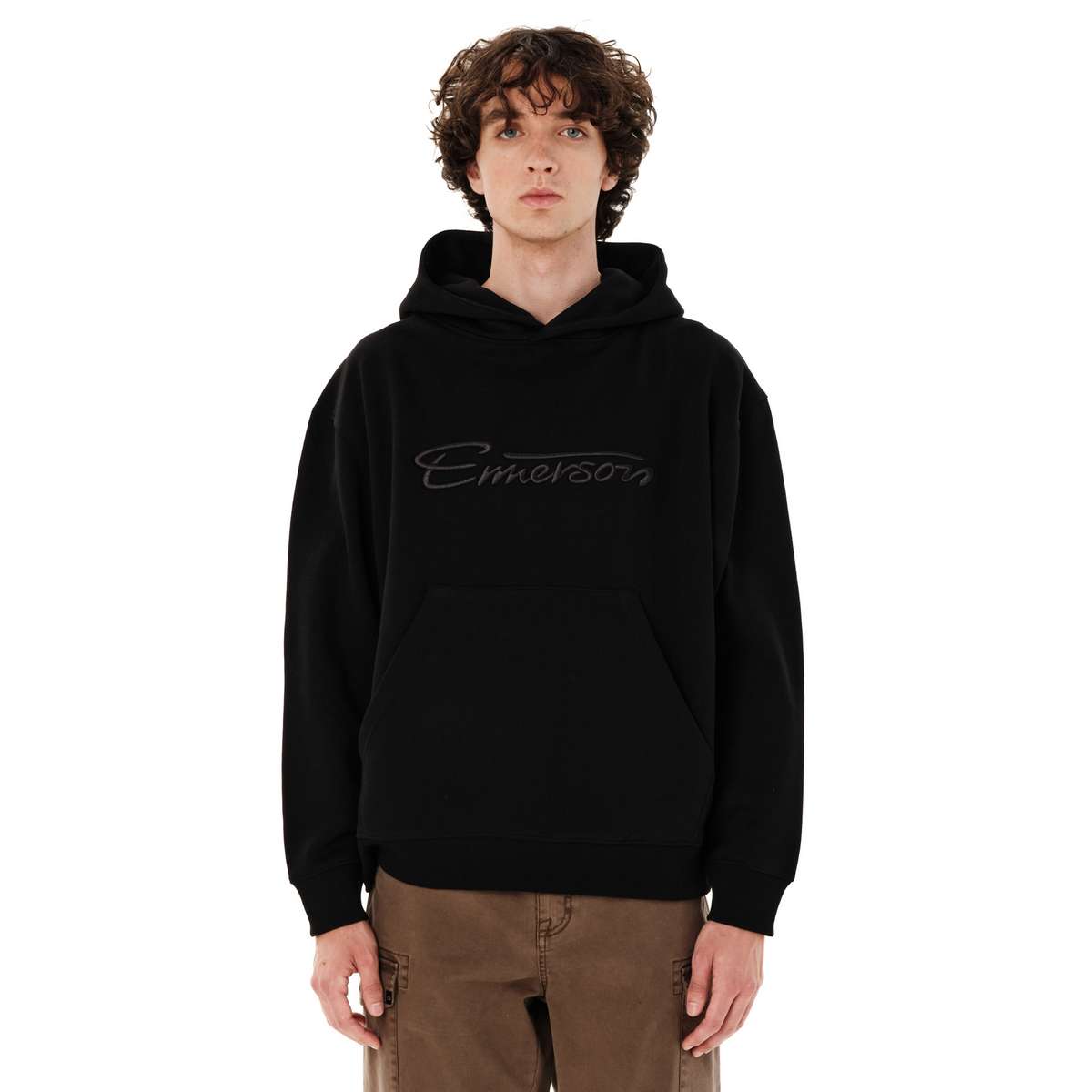 EMERSON MEN’S LOGO RELAXED FIT COTTON SWEATSHIRT HOODIE BLACK