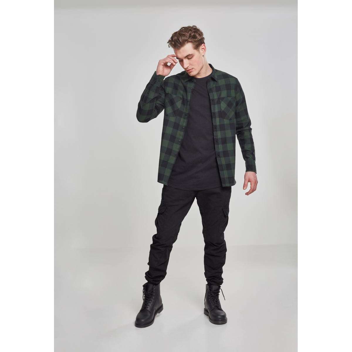 URBAN CLASSICS MEN’S REGULAR FIT COTTON CHECKED FLANELL SHIRT TB297 BLACK / FOREST