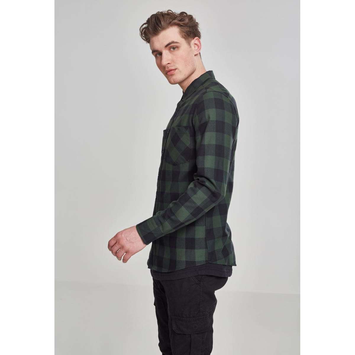 URBAN CLASSICS MEN’S REGULAR FIT COTTON CHECKED FLANELL SHIRT TB297 BLACK / FOREST