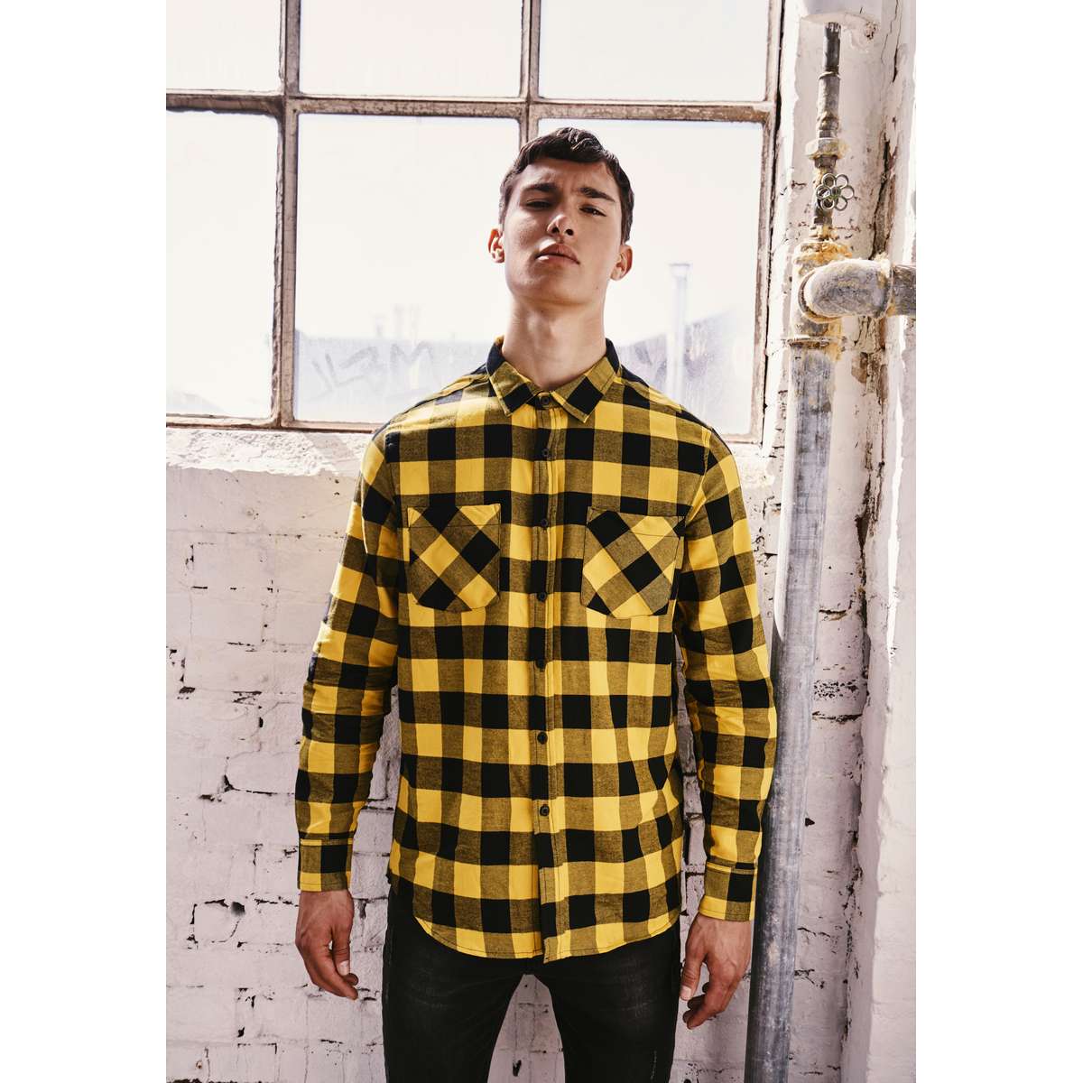 URBAN CLASSICS MEN’S REGULAR FIT COTTON CHECKED FLANELL SHIRT TB297 BLACK / YELLOW
