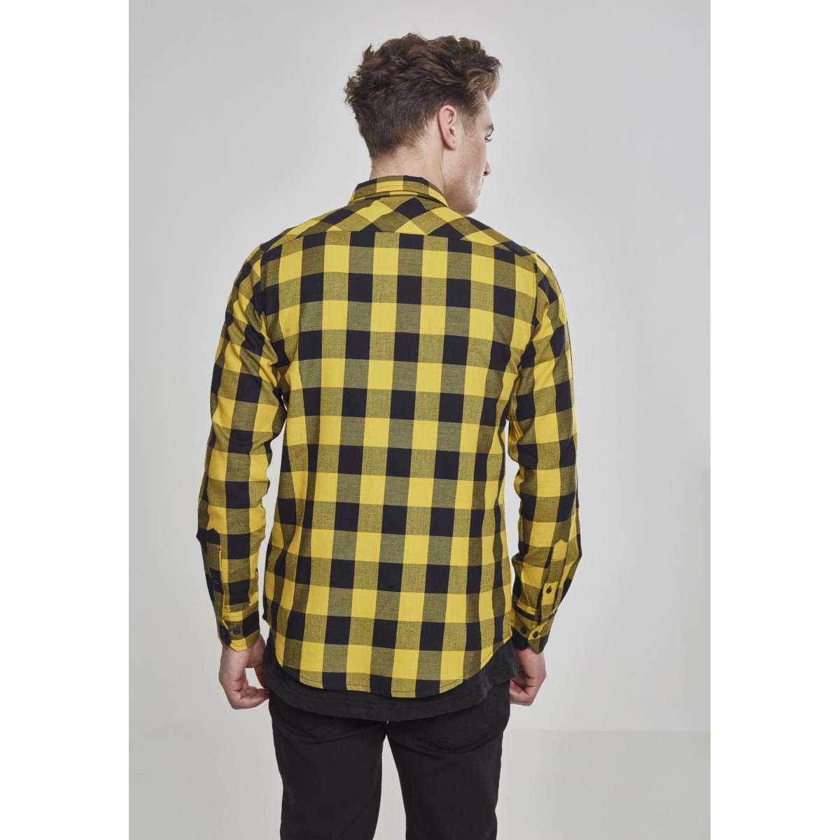 URBAN CLASSICS MEN’S REGULAR FIT COTTON CHECKED FLANELL SHIRT TB297 BLACK / YELLOW