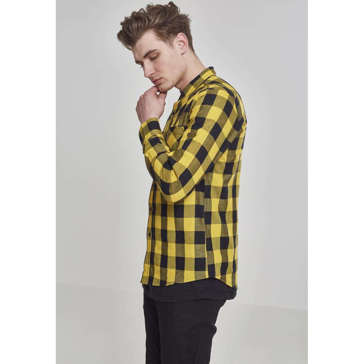 URBAN CLASSICS MEN’S REGULAR FIT COTTON CHECKED FLANELL SHIRT TB297 BLACK / YELLOW