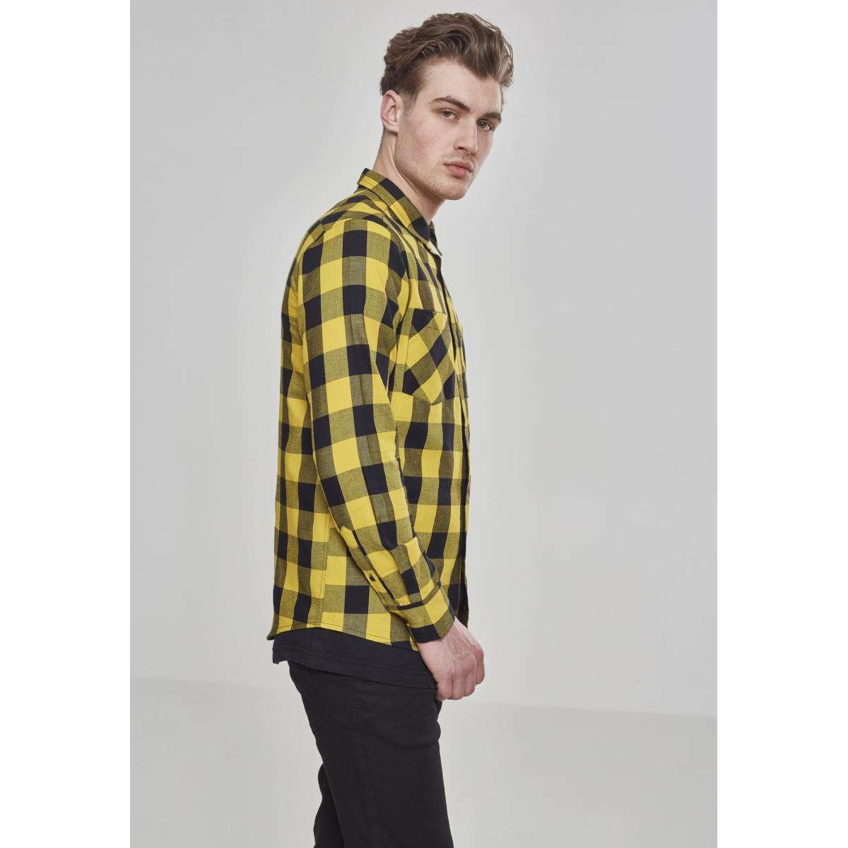 URBAN CLASSICS MEN’S REGULAR FIT COTTON CHECKED FLANELL SHIRT TB297 BLACK / YELLOW