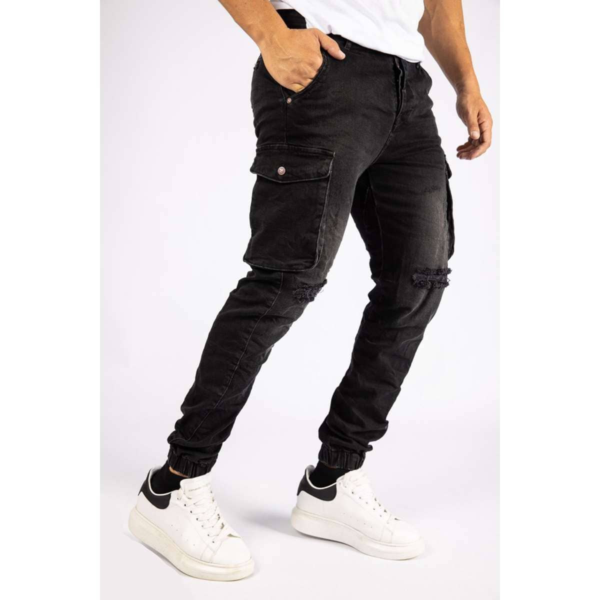 MEN΄S SENIOR CARGO JEANS WITH ELASTICATED ANKLE CUFFS SNRJ374 BLACK
