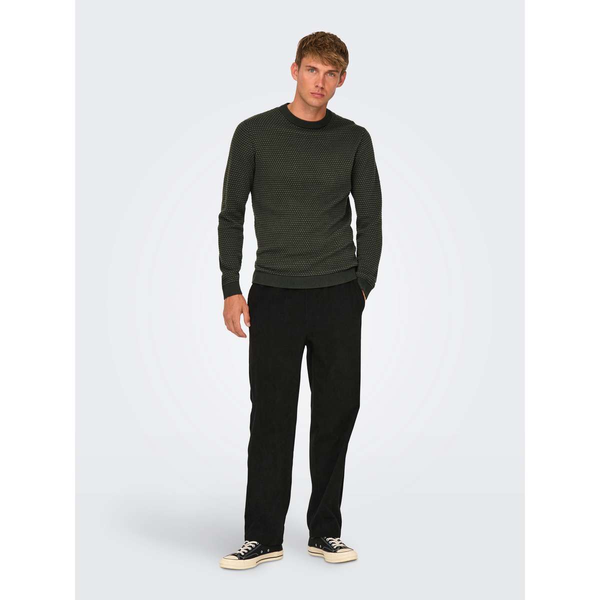 ONLY & SONS MEN’S REGULAR FIT COTTON CREW KNIT MOOD 22027602 ROSIN FOREST NIGHT DOTS