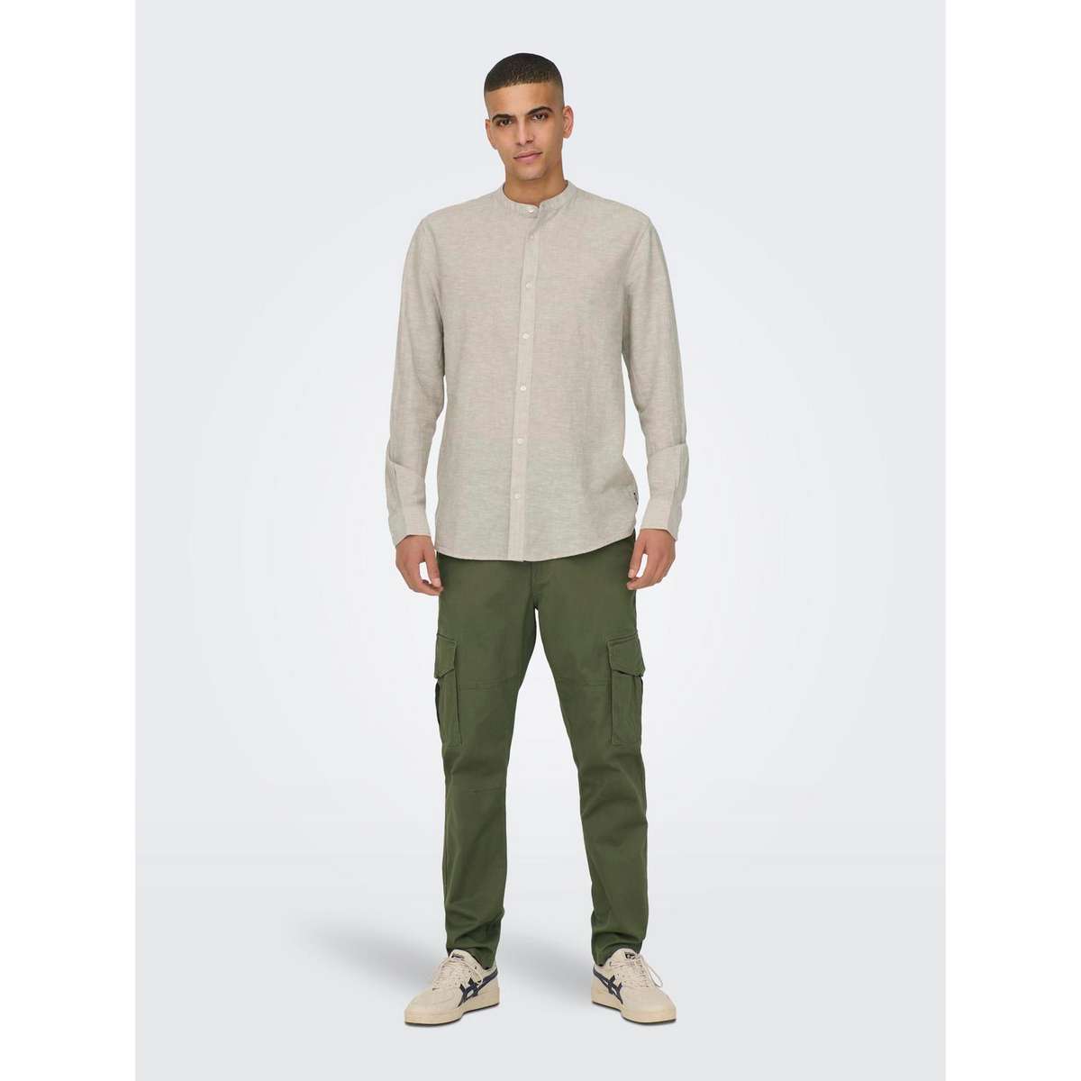 ONLY & SONS MEN’S SLIM FIT LS SOLID LINEN MAO SHIRT 22019173 CHINCHILLA - Μπεζ - M