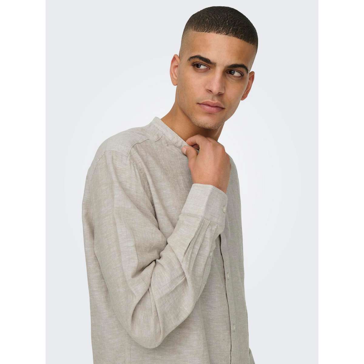 ONLY & SONS MEN’S SLIM FIT LS SOLID LINEN MAO SHIRT 22019173 CHINCHILLA - Μπεζ - M