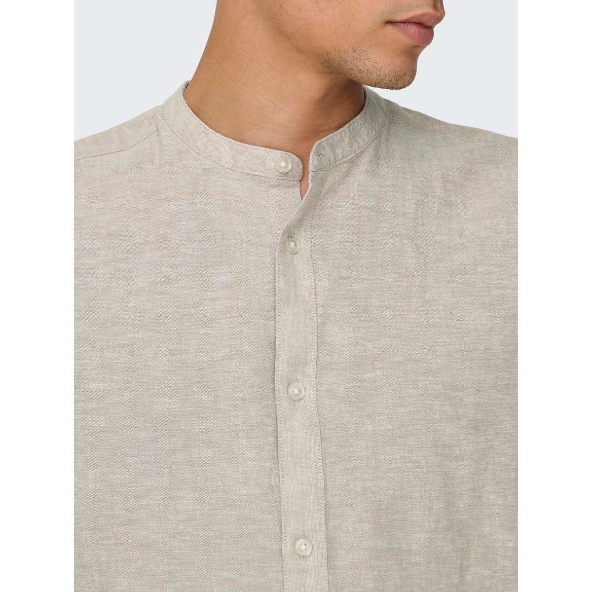 ONLY & SONS MEN’S SLIM FIT LS SOLID LINEN MAO SHIRT 22019173 CHINCHILLA - Μπεζ - M