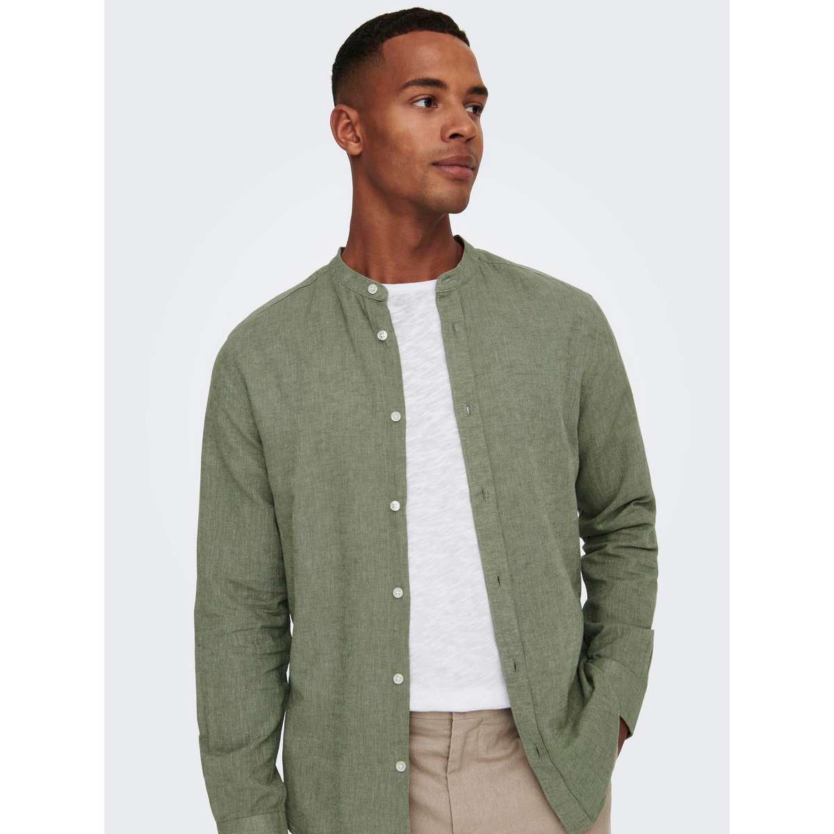 ONLY & SONS MEN΄S SLIM FIT LS SOLID LINEN MAO SHIRT 22019173 SWAMP - Λαδί - L