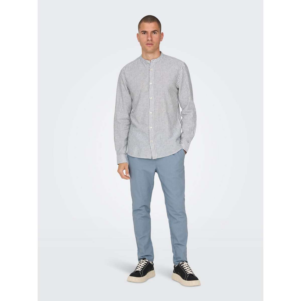 ONLY & SONS LS MAO STRIPE LINEN SHIRT 22026602 DARK NAVY - Μπλε - XL