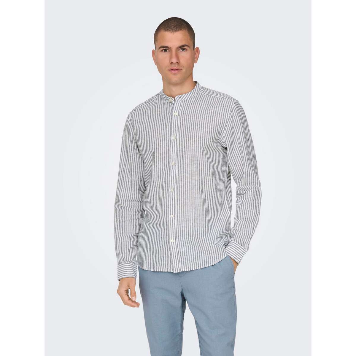 ONLY & SONS LS MAO STRIPE LINEN SHIRT 22026602 DARK NAVY - Μπλε - XL