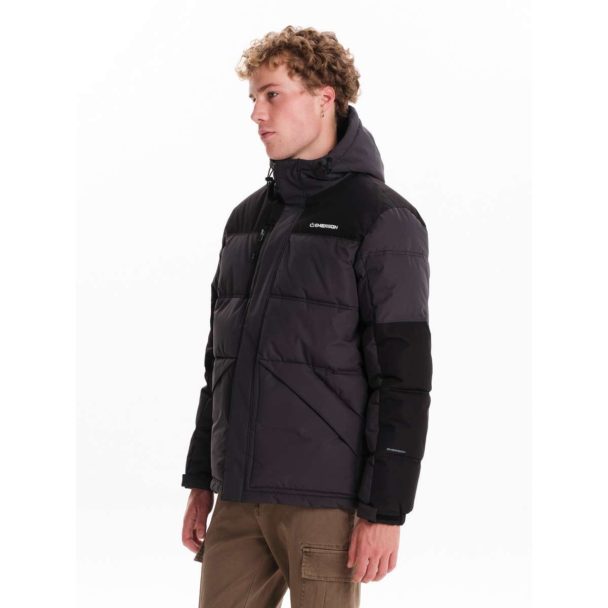 EMERSON MEN’S REGULAR FIT POLYESTER HOODED PUFFER JACKET 242.EM10.58 EBONY / BLACK