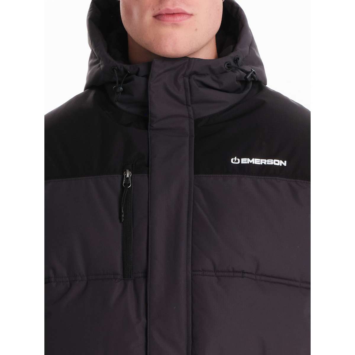 EMERSON MEN’S REGULAR FIT POLYESTER HOODED PUFFER JACKET 242.EM10.58 EBONY / BLACK