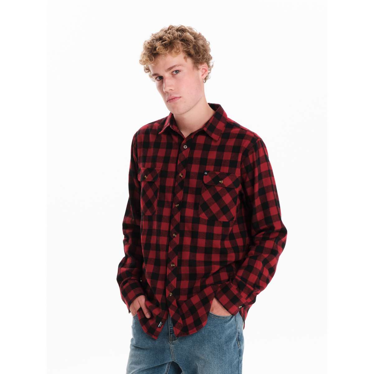EMERSON MEN’S REGULAR FIT POLYESTER CHECKERED FLANNEL BUTTON DOWN SHIRTS RED/BLACK - Μαύρο / Κόκκινο - M