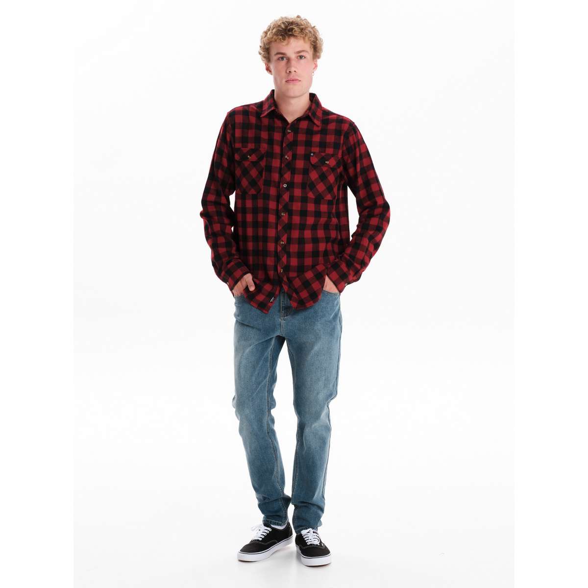 EMERSON MEN’S REGULAR FIT POLYESTER CHECKERED FLANNEL BUTTON DOWN SHIRTS RED/BLACK - Μαύρο / Κόκκινο - M