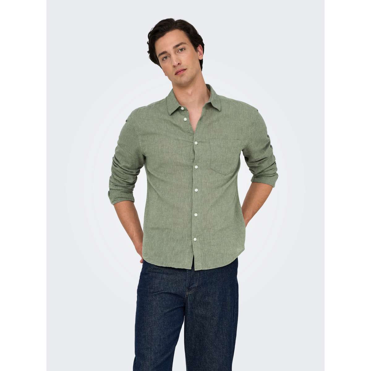 ONLY & SONS MEN΄S REGULAR FIT LINEN LONGSLEEVE SHIRT 1 POCKET 22031804 SWAMP GREEN - Πράσινο - L