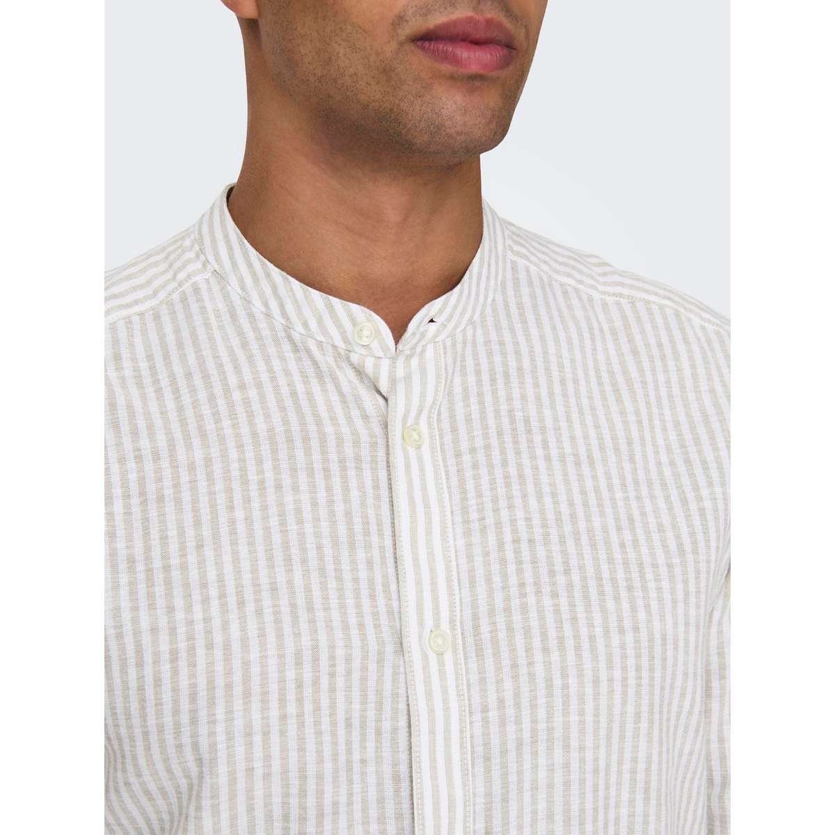 ONLY & SONS MEN’S SLIM FIT LS MAO STRIPE LINEN SHIRT 22026602 CHINCHILLA  - Μπεζ - L