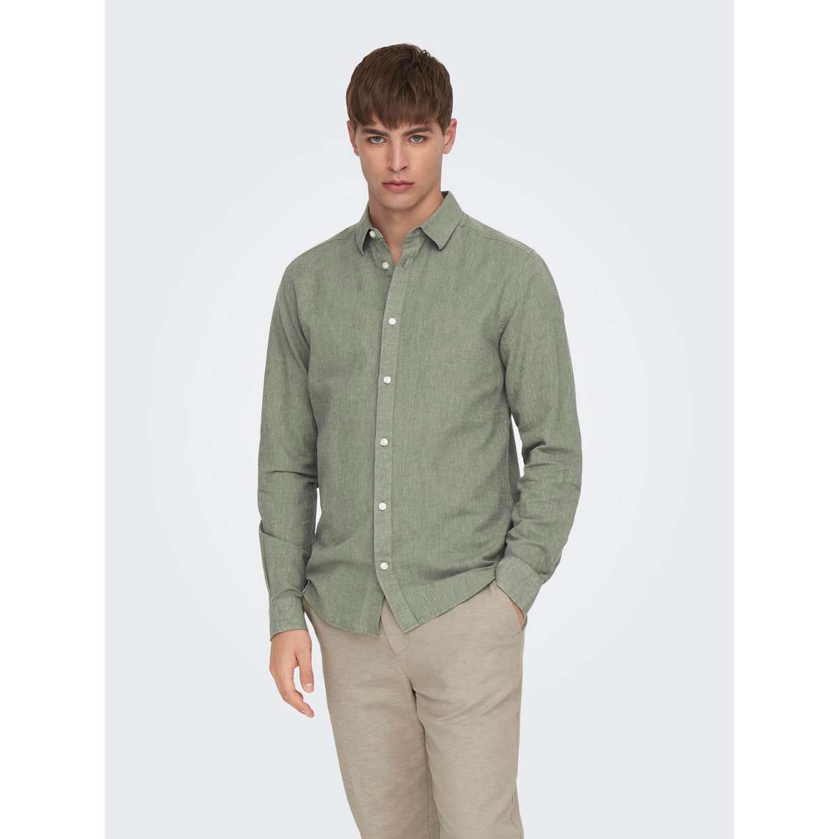 ONLY & SONS MEN΄S SLIM FIT SOLID LINEN LONSLEEVE SHIRT 22012321 SWAMP GREEN - Πράσινο - M