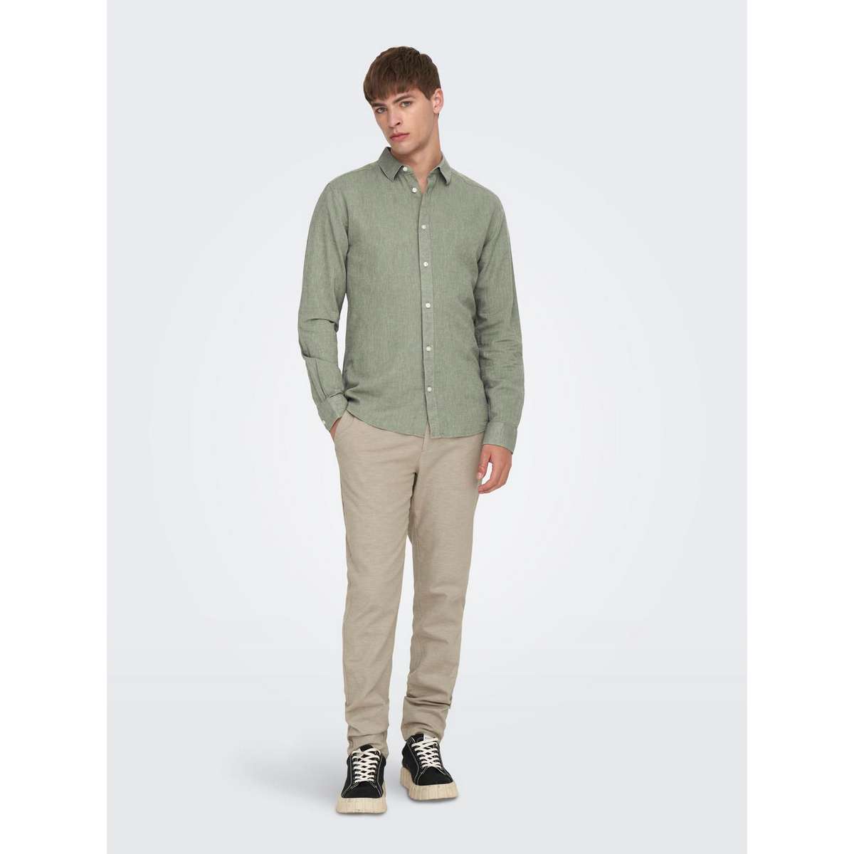 ONLY & SONS MEN΄S SLIM FIT SOLID LINEN LONSLEEVE SHIRT 22012321 SWAMP GREEN - Πράσινο - M