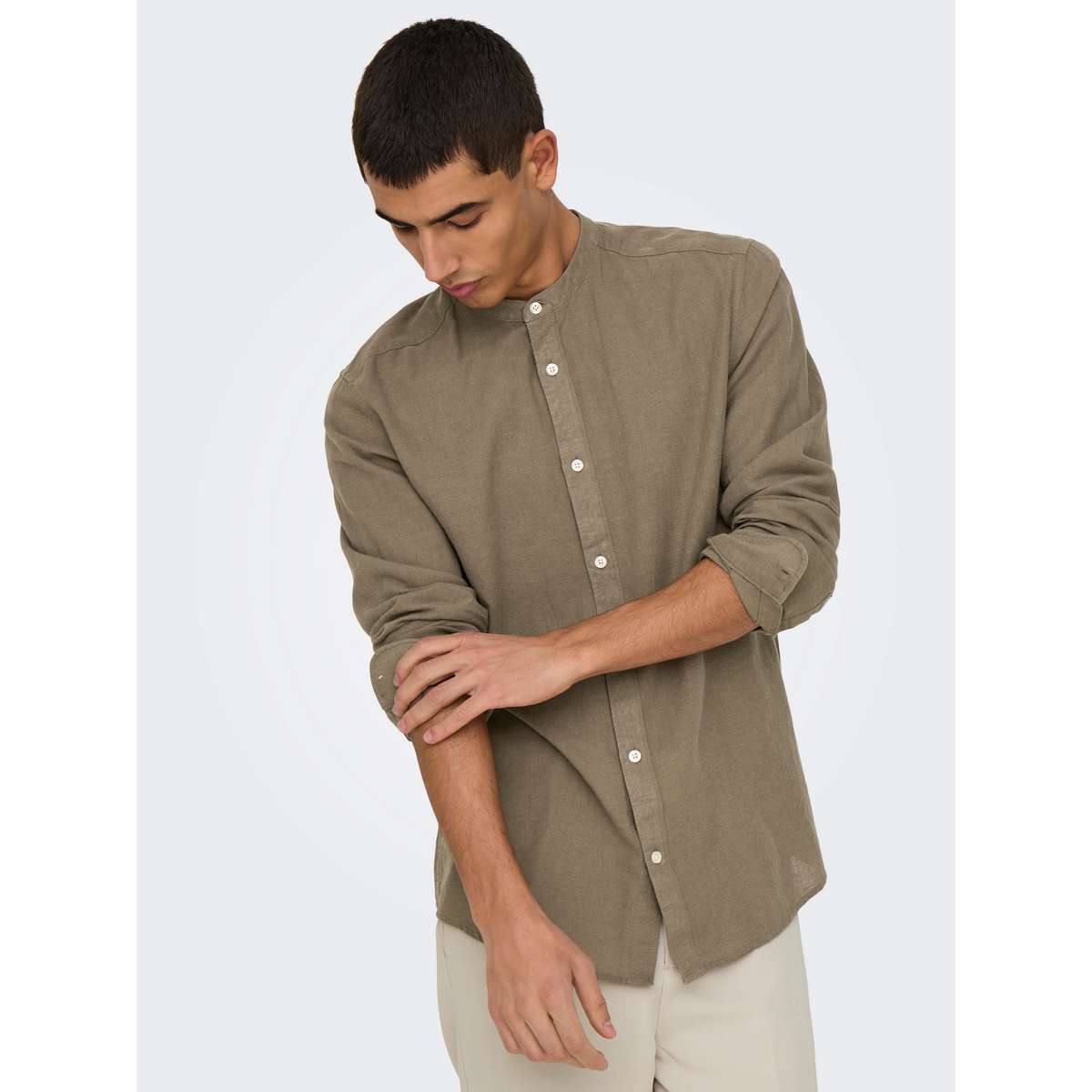ONLY & SONS MEN’S SLIM FIT LS SOLID LINEN MAO SHIRT 22019173 FOSSIL MELANGE BROWN