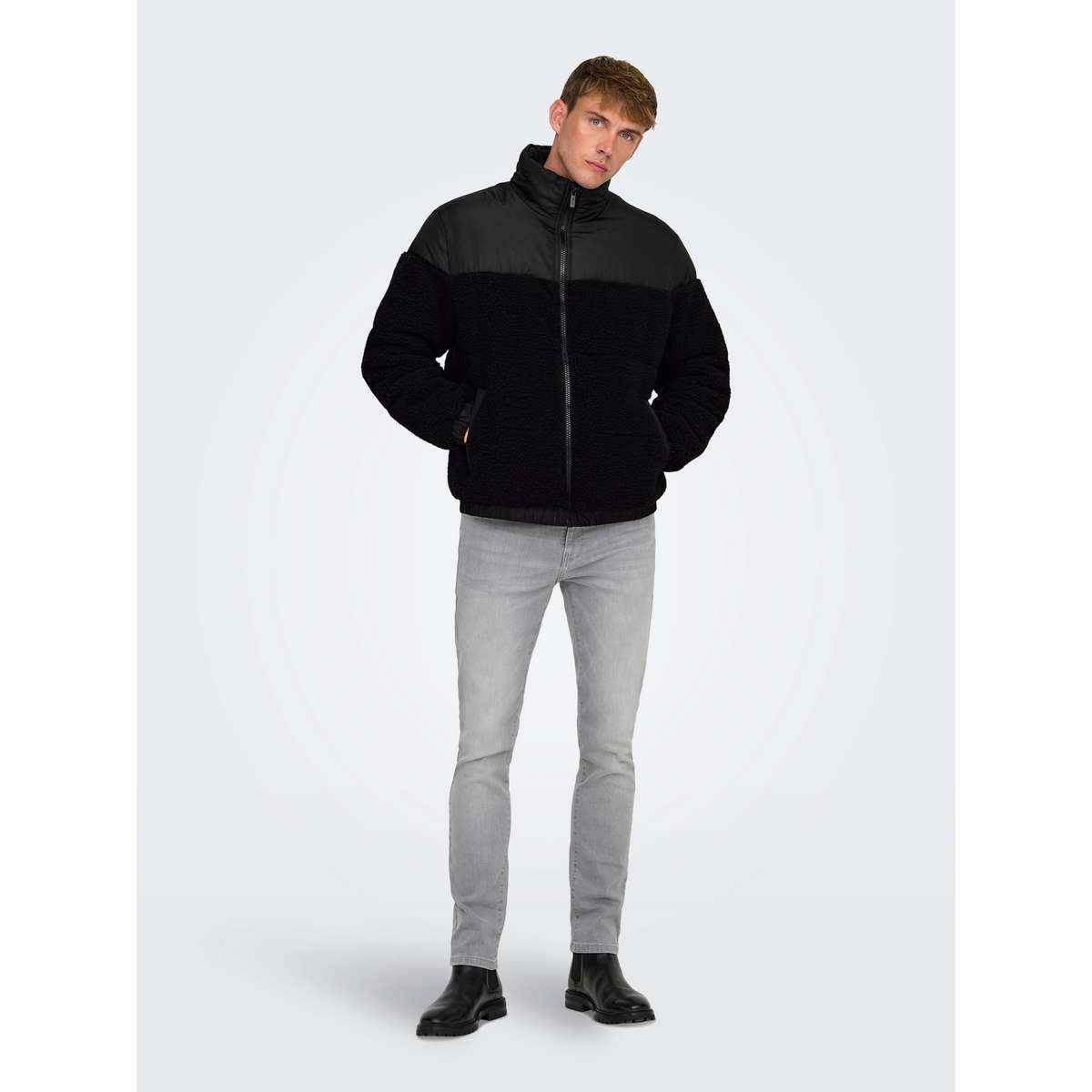 ONLY & SONS MEN΄S REGULAR FIT POLYESTER SHERPA MIX PUFFER JACKET 22030456 BLACK - Μαύρο - XXL