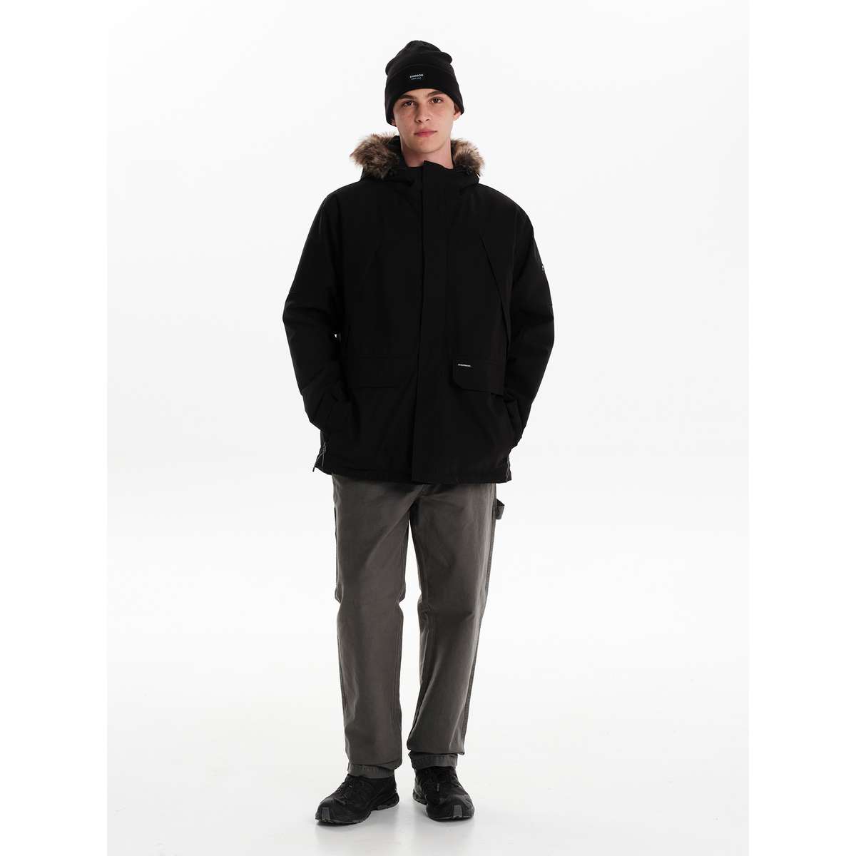 EMERSON MEN’S REGULAR FIT POLYESTER JACKET WITH FUR TRIMMED HOOD BLACK