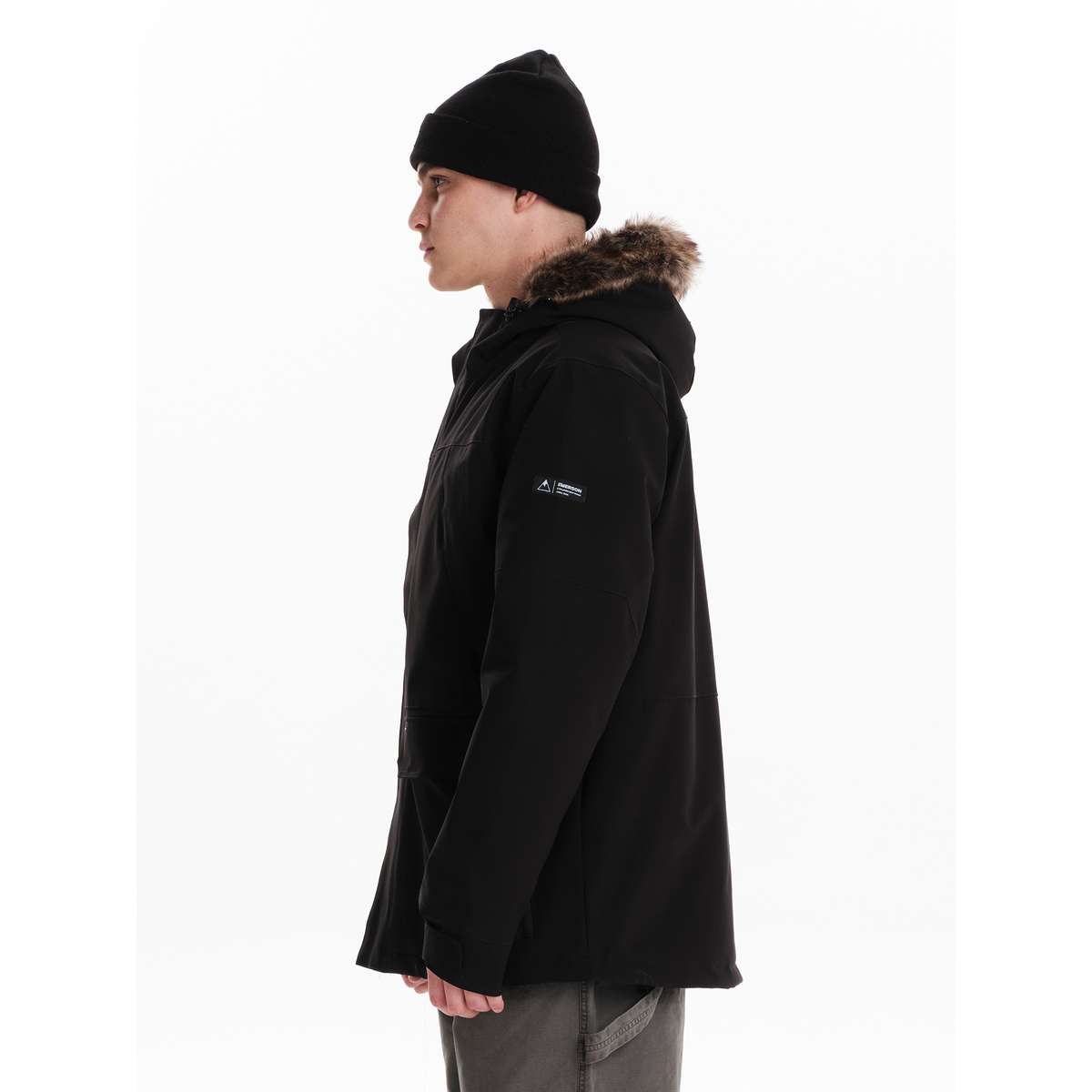 EMERSON MEN’S REGULAR FIT POLYESTER JACKET WITH FUR TRIMMED HOOD BLACK