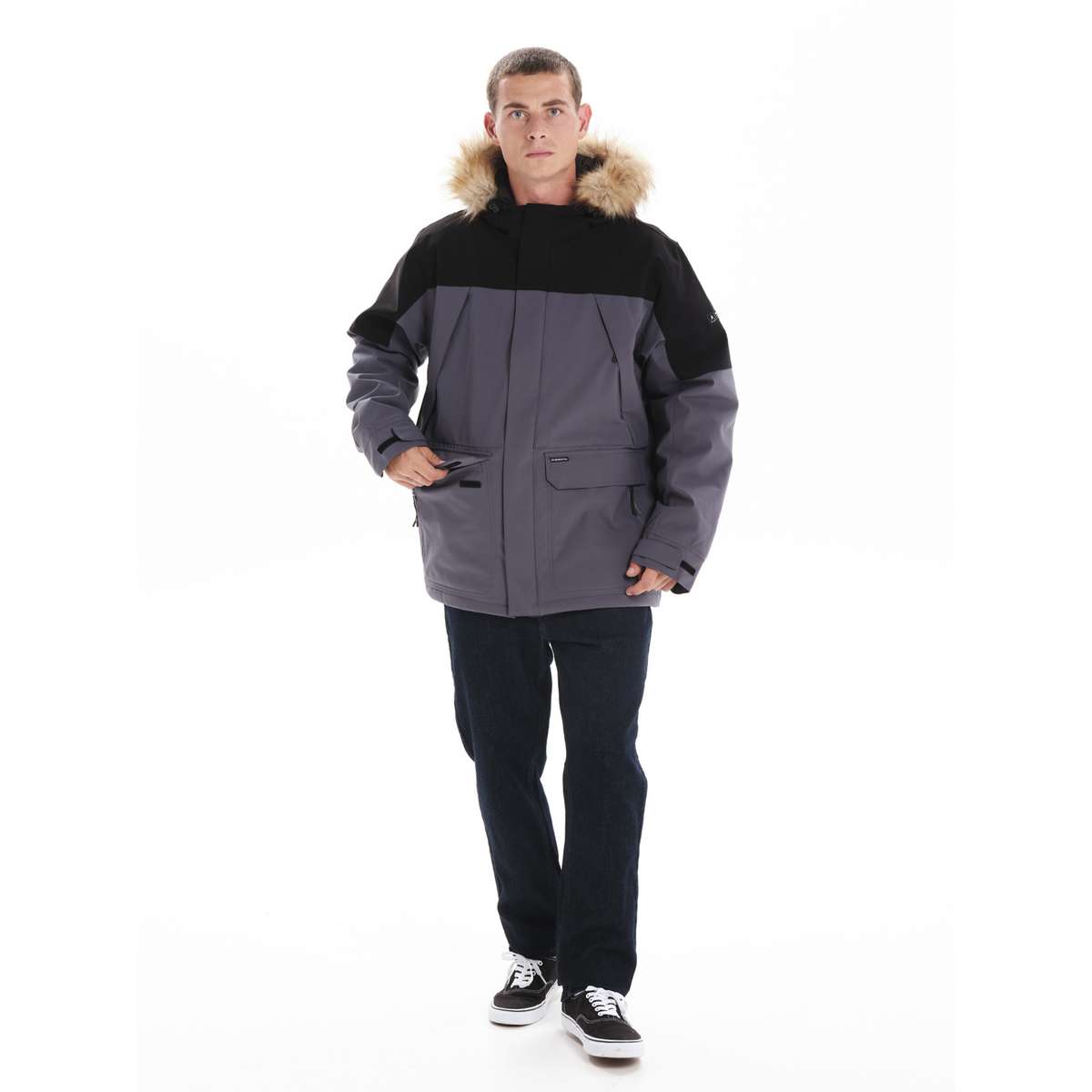 EMERSON MEN’S REGULAR FIT POLYESTER JACKET WITH FUR TRIMMED HOOD DUSTY BLUE/BLACK