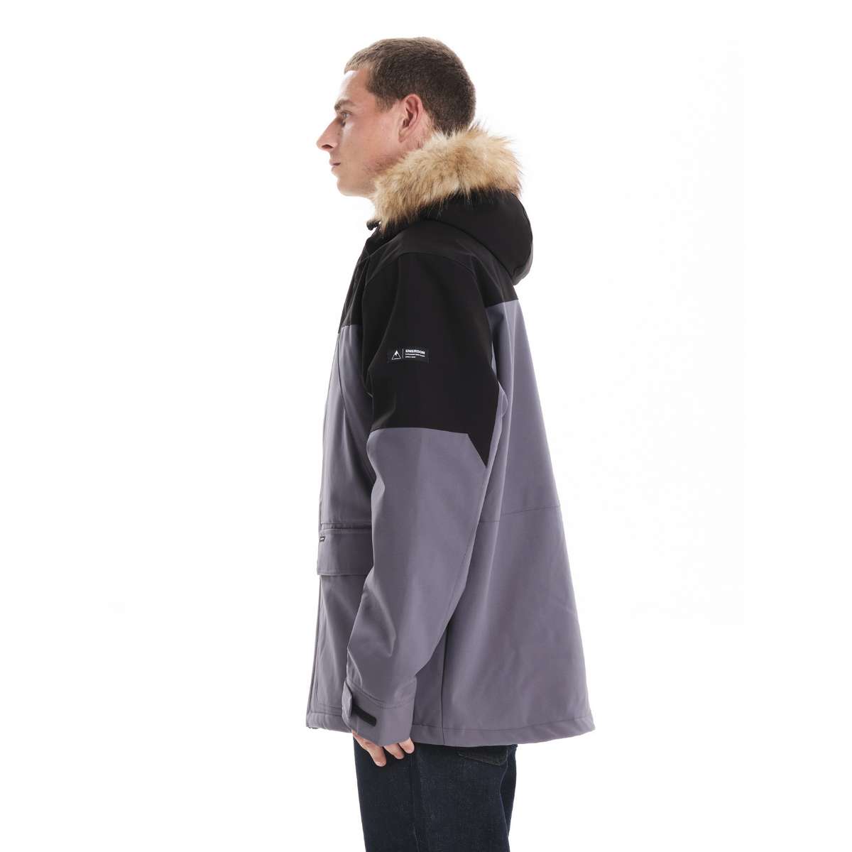 EMERSON MEN’S REGULAR FIT POLYESTER JACKET WITH FUR TRIMMED HOOD DUSTY BLUE/BLACK